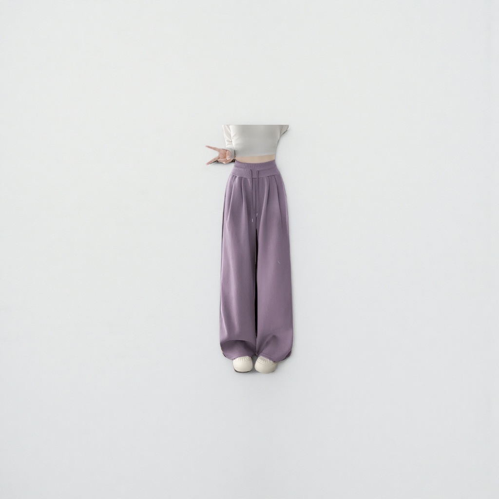 Purple long wide-leg pants, white top and white shoes model outfit Application Scenario