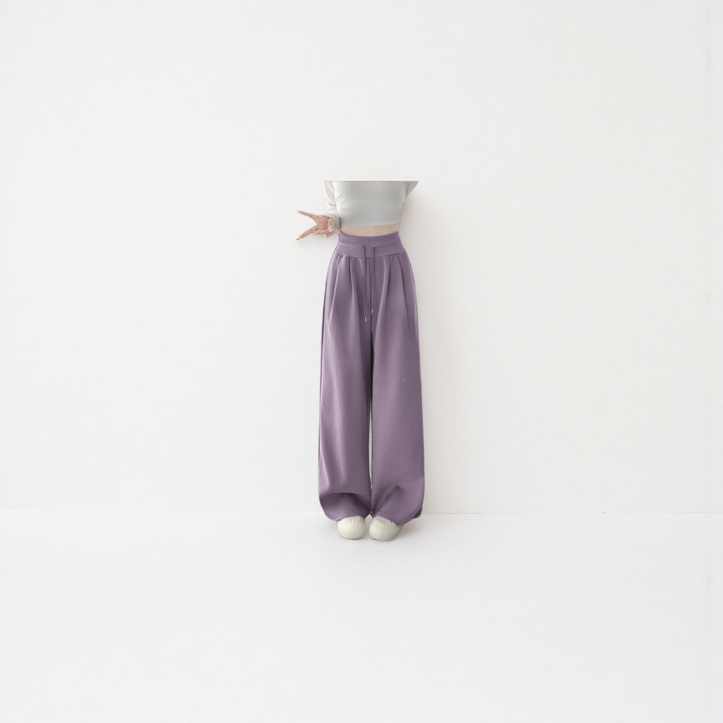 Purple long wide-leg pants, white top and white shoes model outfit Specification image