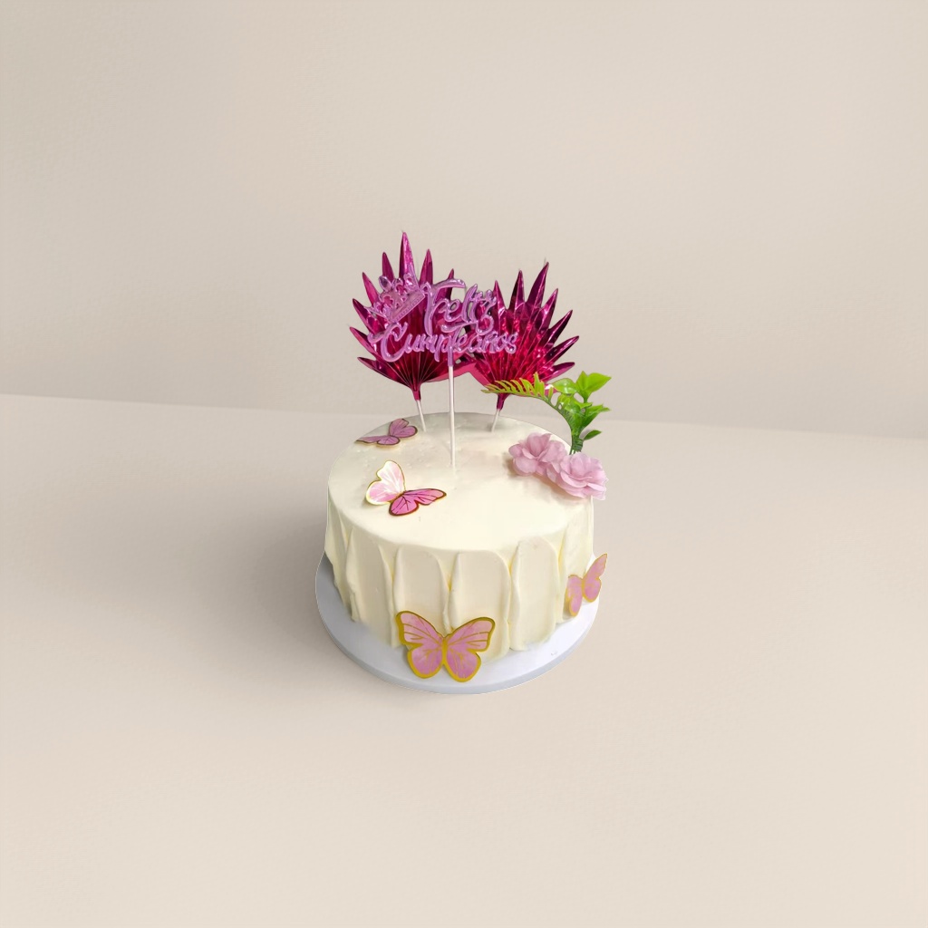 白色奶油蛋糕粉色蝴蝶花朵绿色枝叶Feliz Cumpleaños插牌