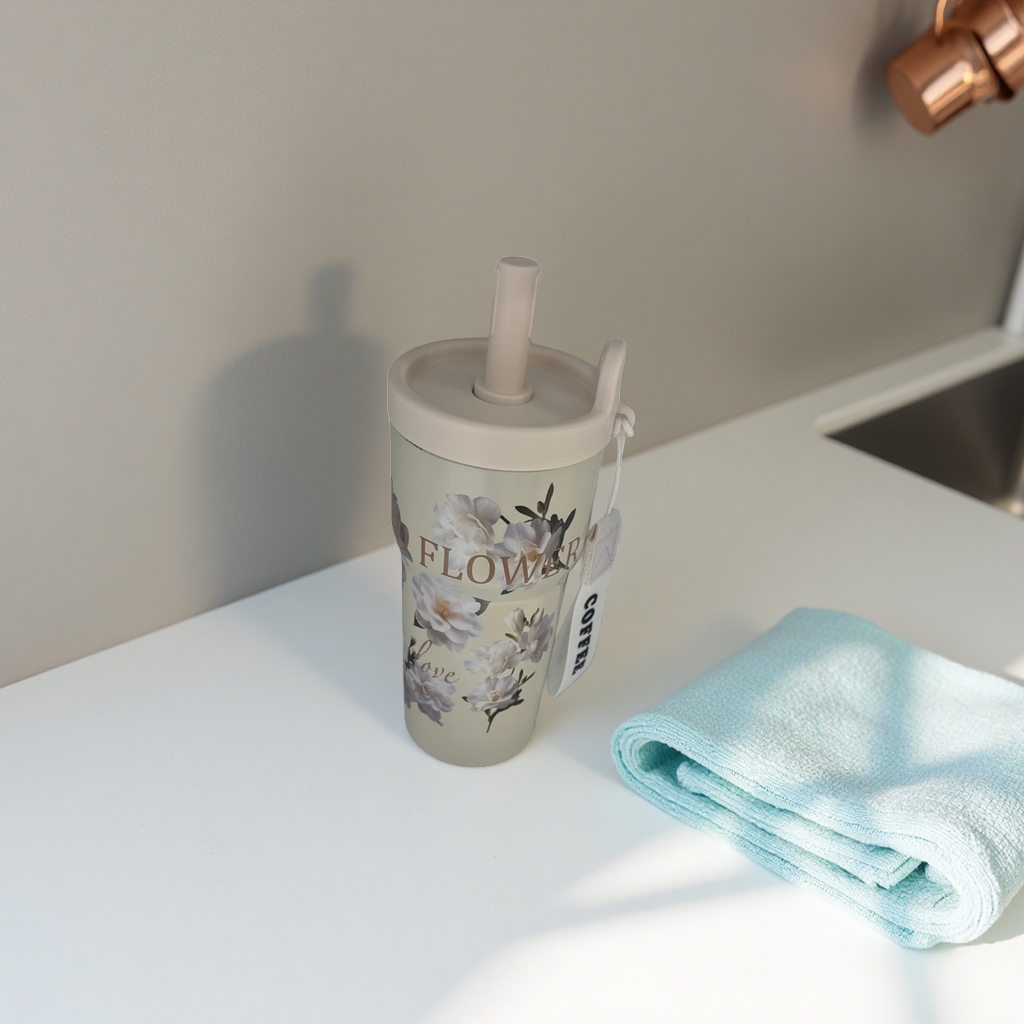 米色花卉图案陶瓷水杯 350ml 防烫便携办公家用