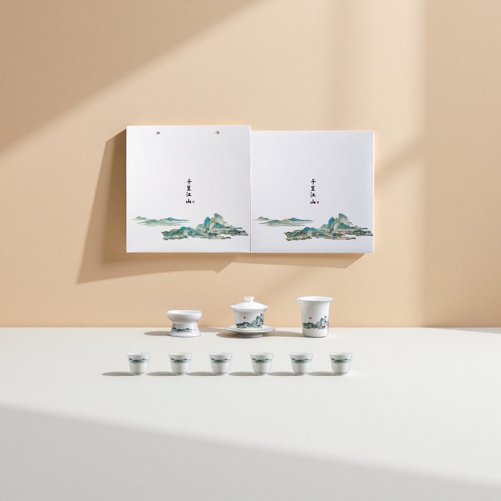 A set of four cups of green and blue landscape ceramic tea sets for home living room tea art