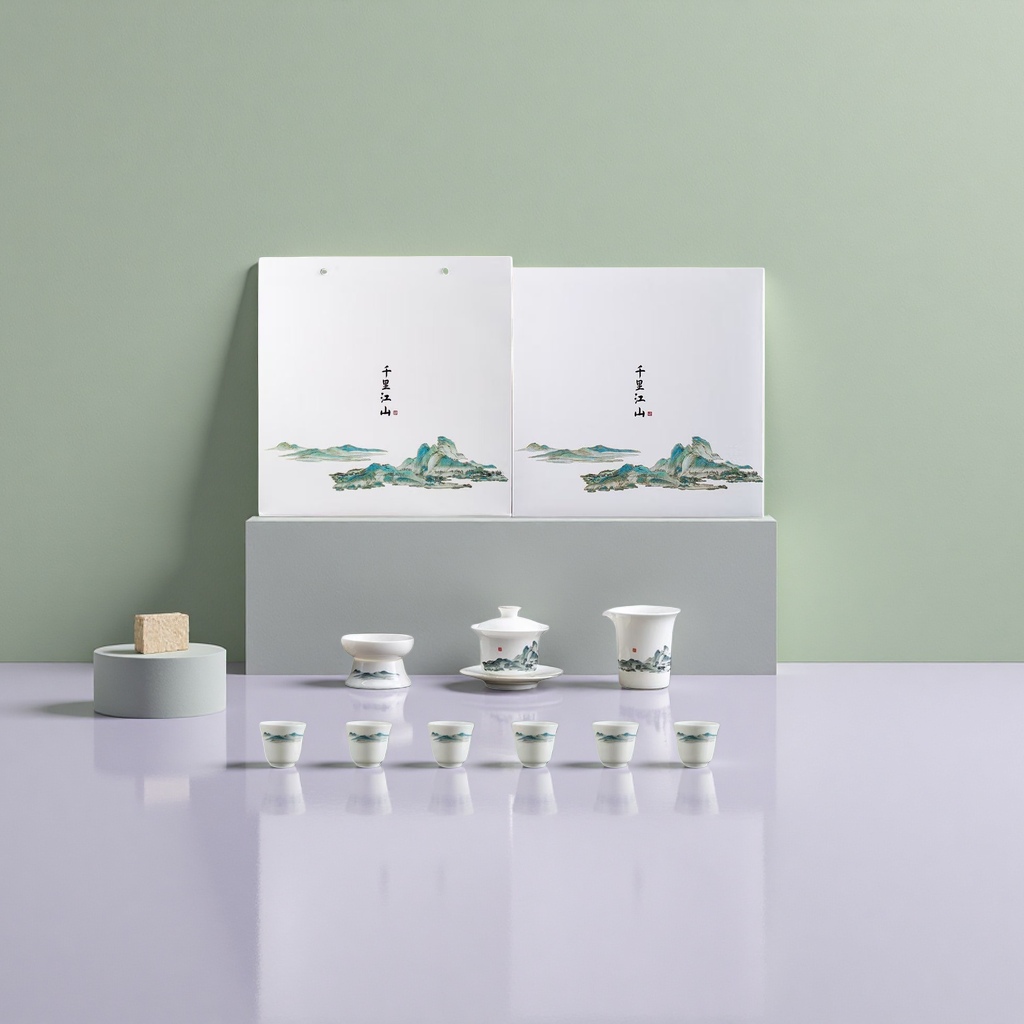 A set of four cups of green and blue landscape ceramic tea sets for home living room tea art details Picture