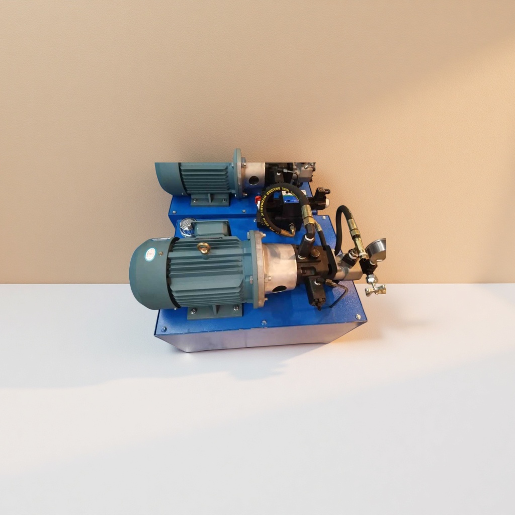The blue base hydraulic pump unit is equipped with a green motor, a metal pump body and black hydraulic pipelines Specification image