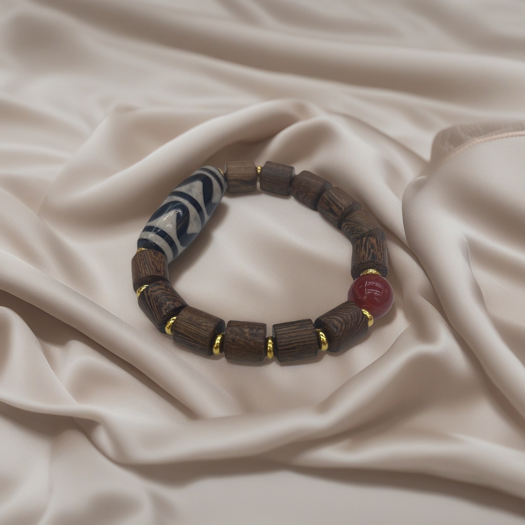 The wooden bracelet is hand-woven with black and white patterned beads and red agate beads made of natural materials