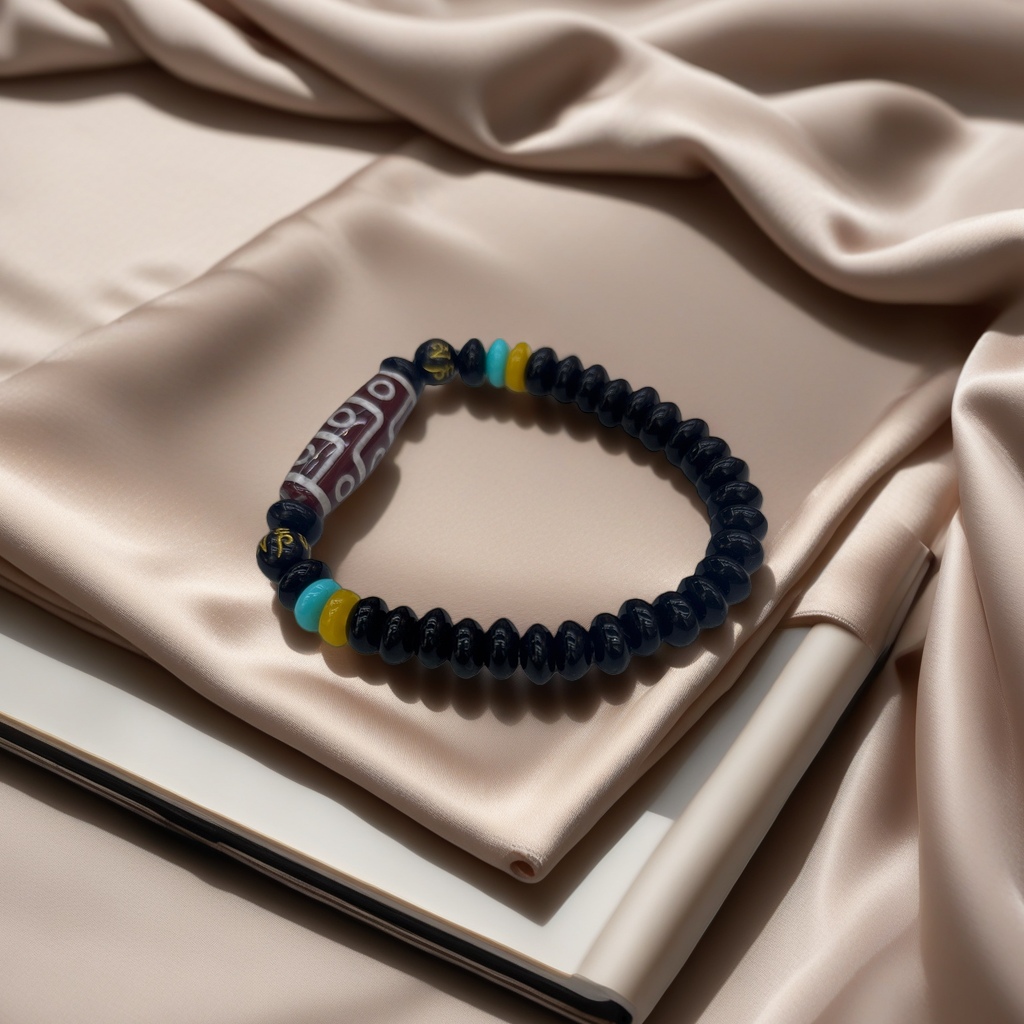 The black beaded bracelet features Tibetan lapis lazuli amber beads in the center Specification image