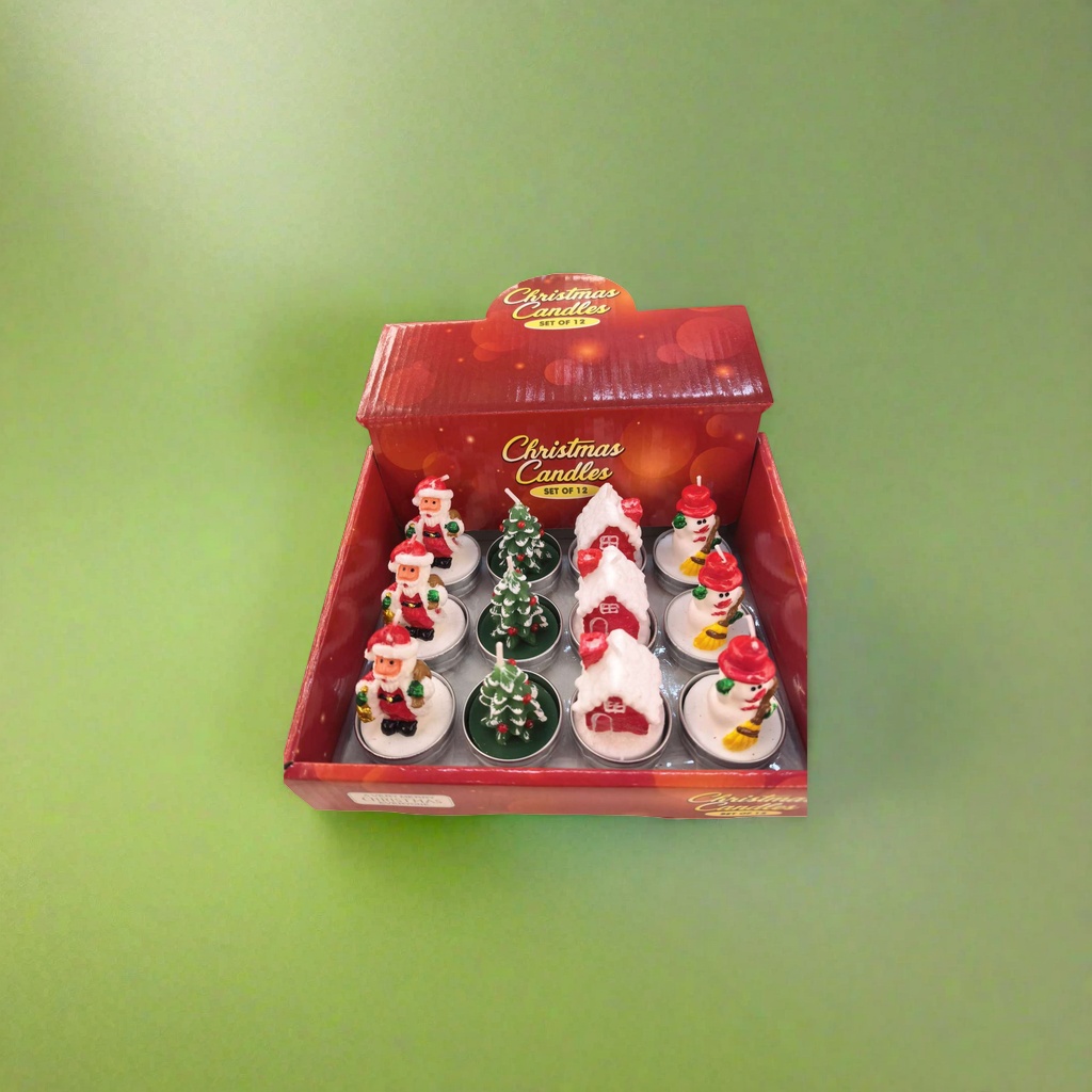 Red Christmas candle gift box: 12 shaped candles, including Santa Claus, Christmas tree, Snow House and snowman Specification image
