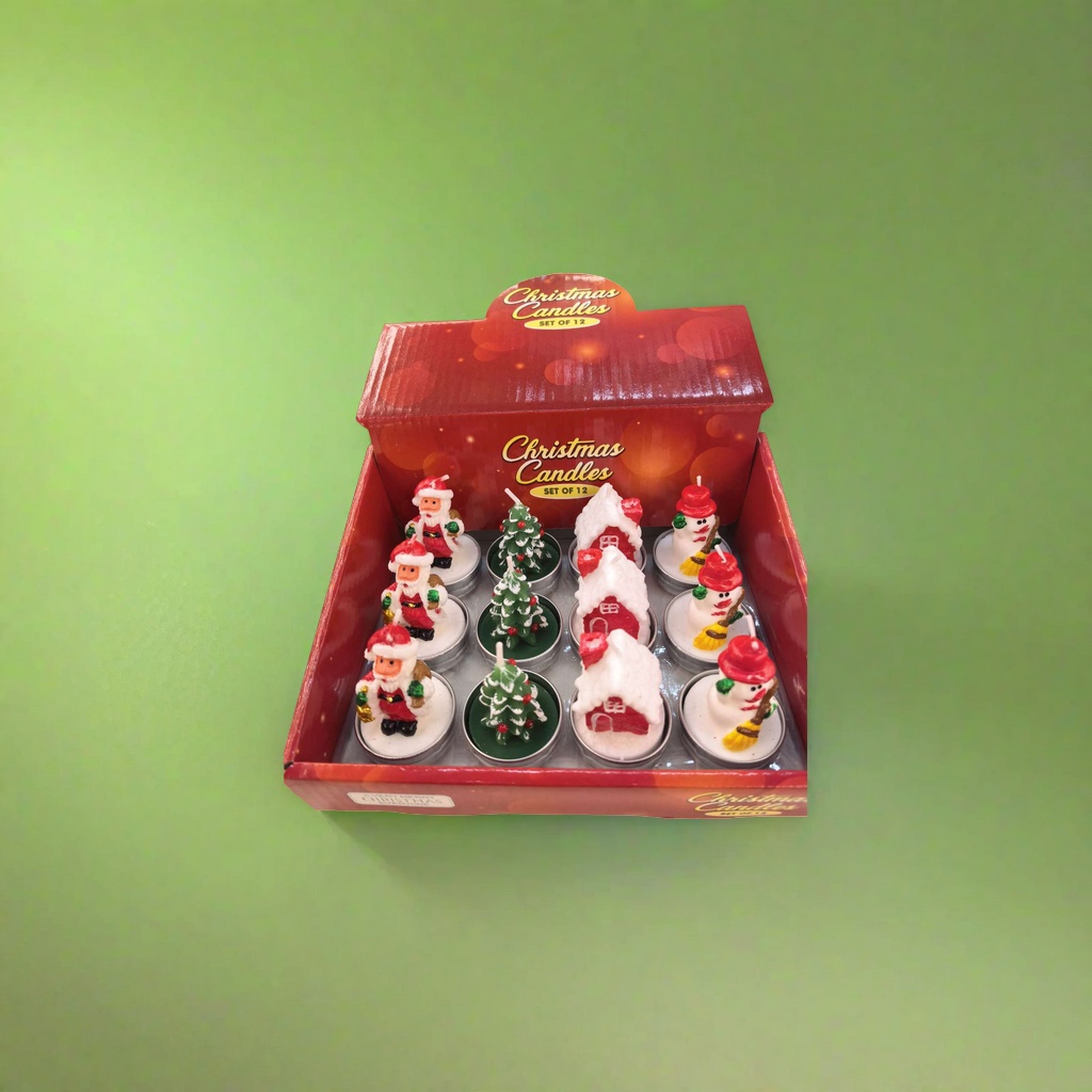 Red Christmas candle gift box: 12 shaped candles, including Santa Claus, Christmas tree, Snow House and snowman details Picture