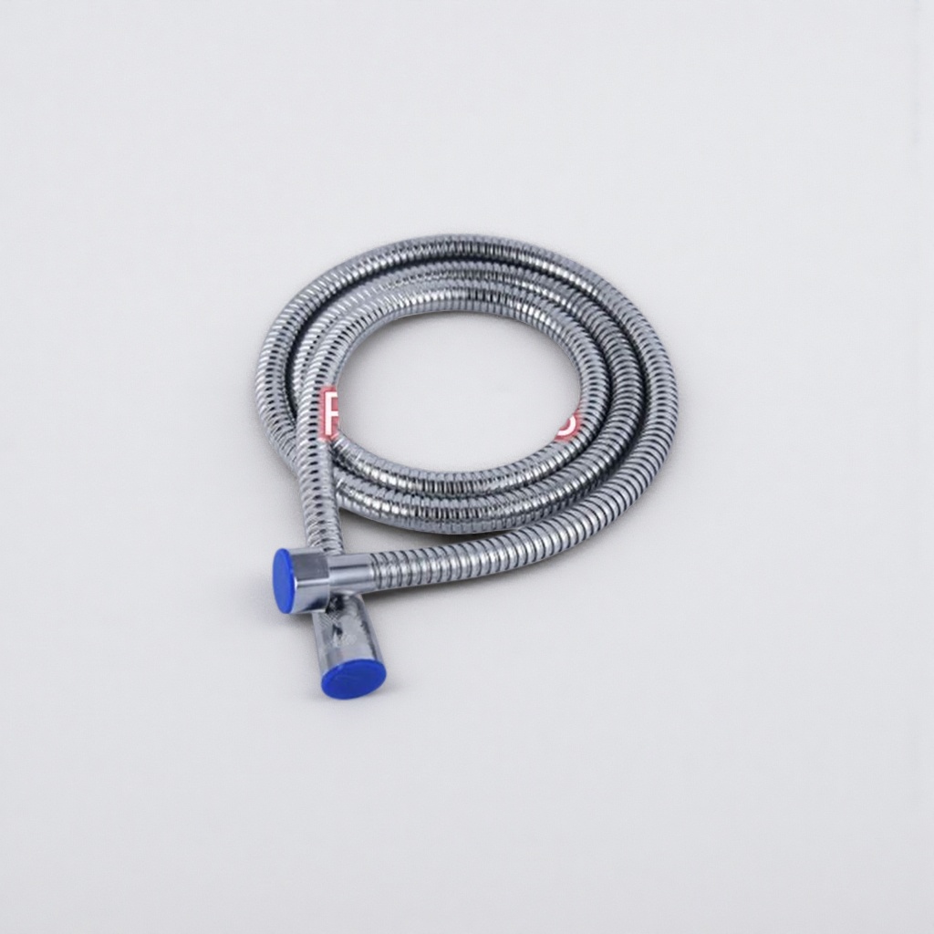 A silver metal hose with blue plastic caps at both ends details Picture