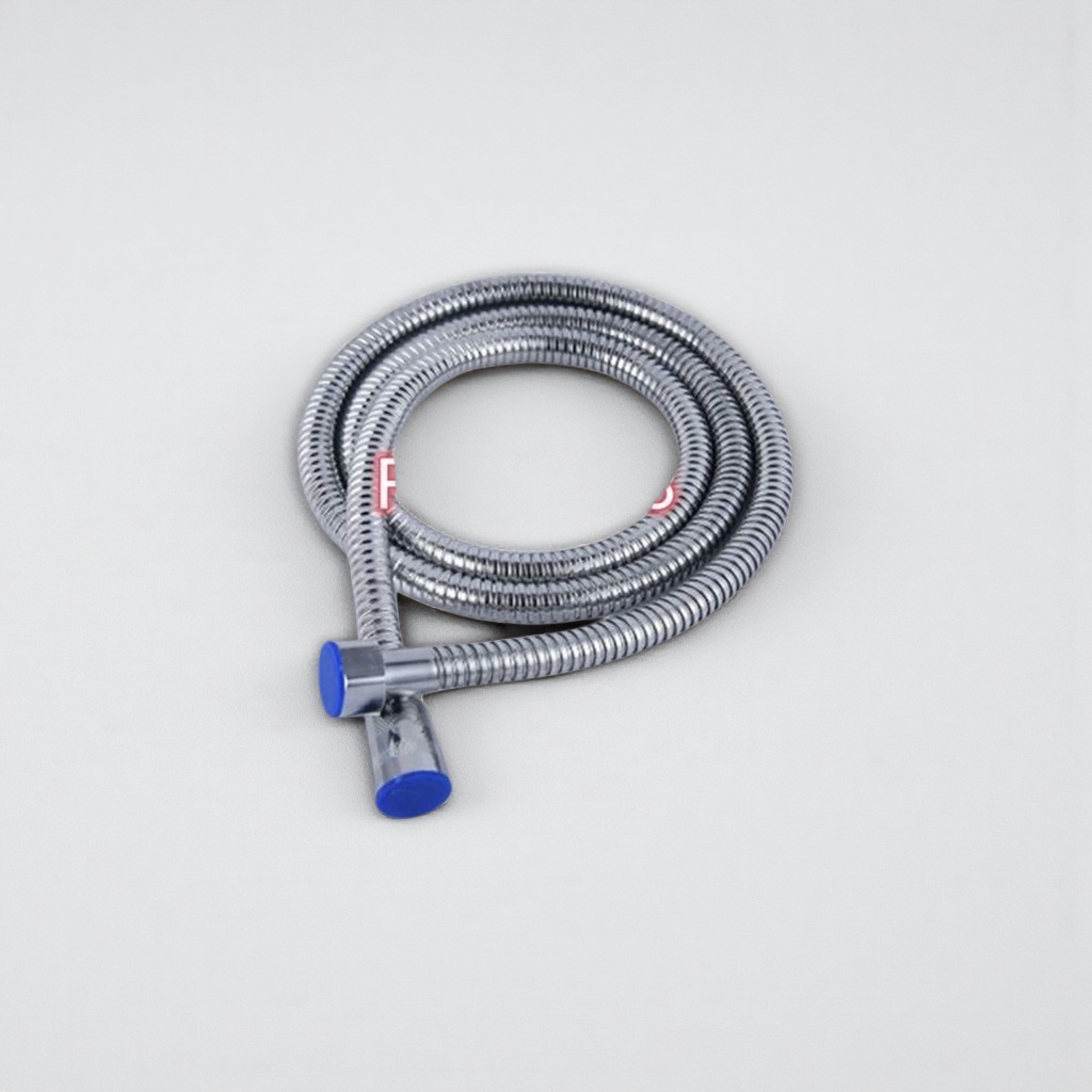 A silver metal hose with blue plastic caps at both ends Specification image