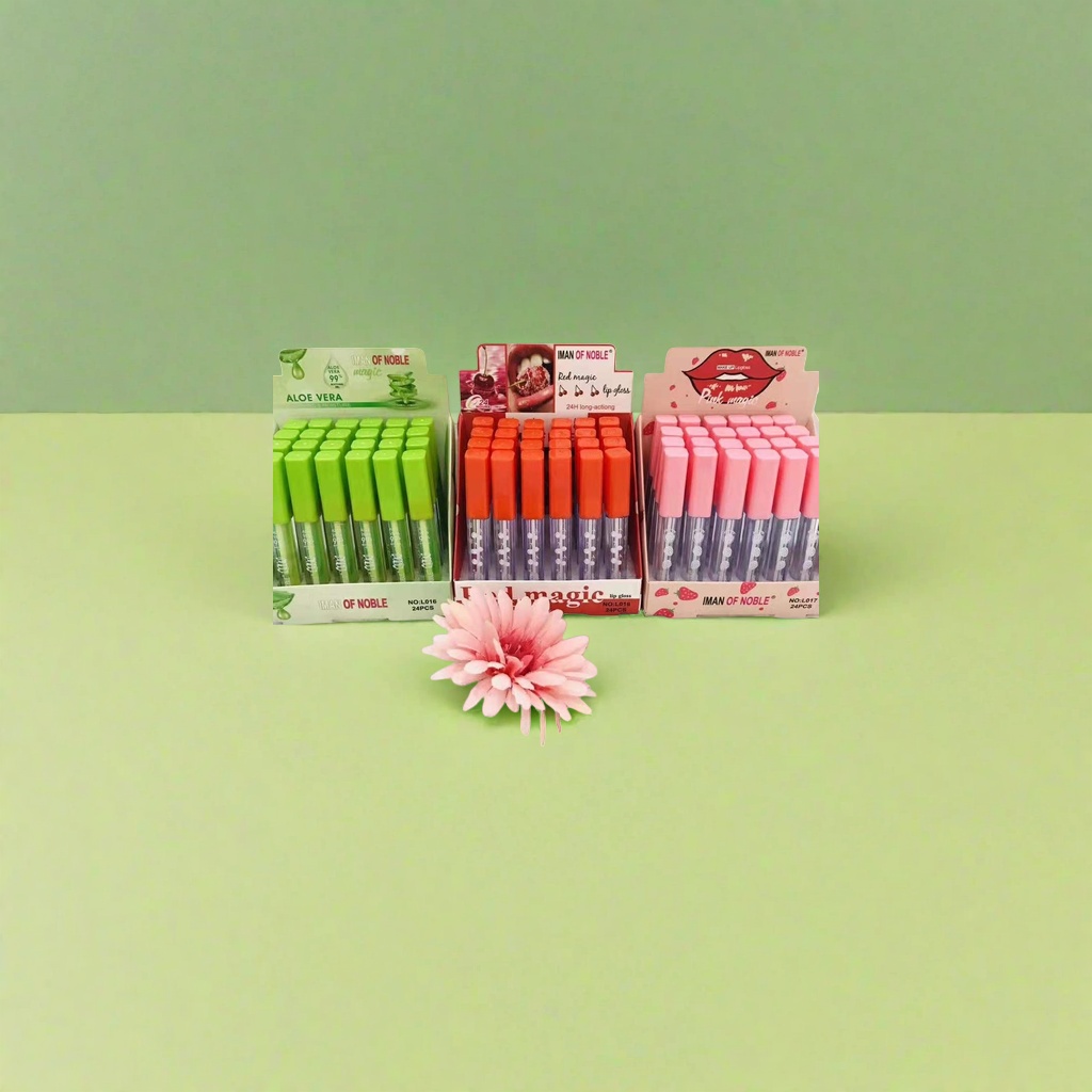 IMAN OF NOBLE绿色橙色粉色唇釉套装 Aloe Vera Red magic Pink magic 24支每组