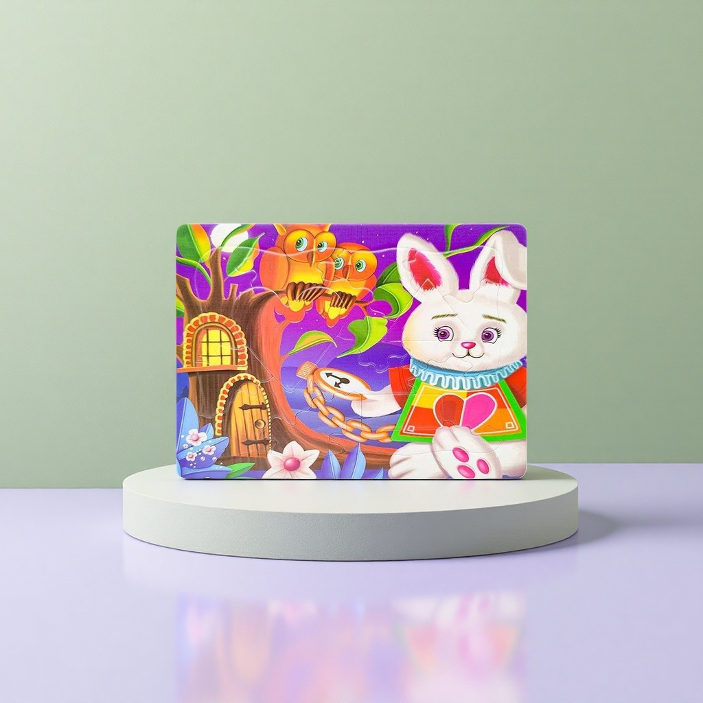 彩色拼图 白兔持怀表与心形牌 树屋Owl花朵背景