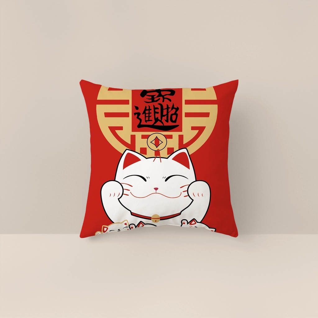 红色背景招财猫图案抱枕客厅卧室装饰布艺软萌可爱