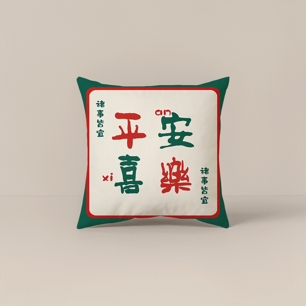 绿色边框抱枕 中央米白底红绿书法平安喜乐anxi 两侧竖排诸事皆宜