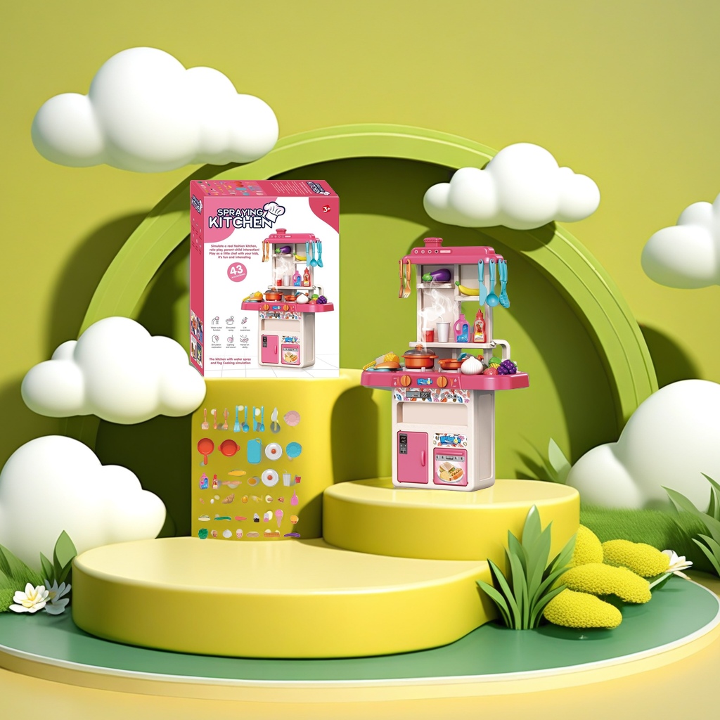 The pink children's toy kitchen set includes 43 accessories, featuring a faucet, water spray, lighting, sound effects, and simulated cooking smoke