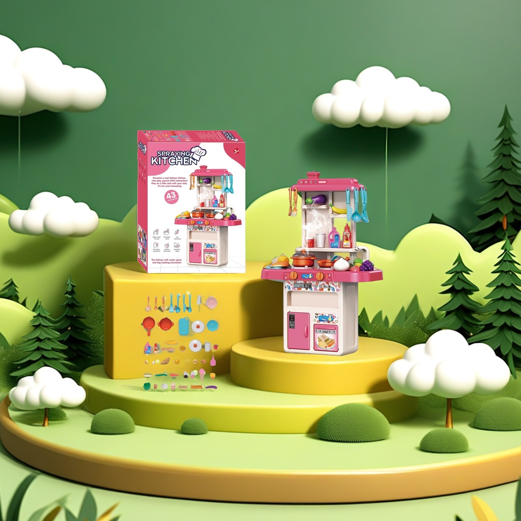 The pink children's toy kitchen set includes 43 accessories, featuring a faucet, water spray, lighting, sound effects, and simulated cooking smoke details Picture