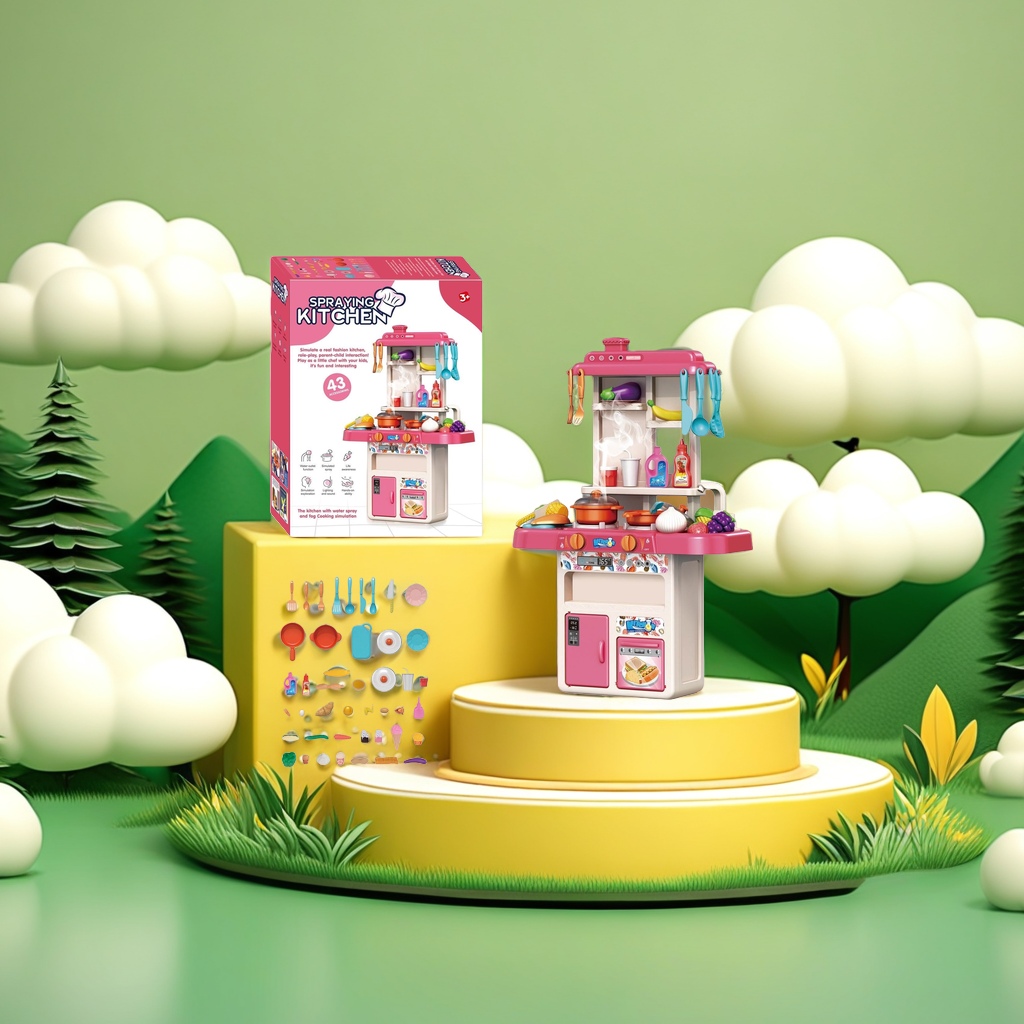 The pink children's toy kitchen set includes 43 accessories, featuring a faucet, water spray, lighting, sound effects, and simulated cooking smoke Application Scenario