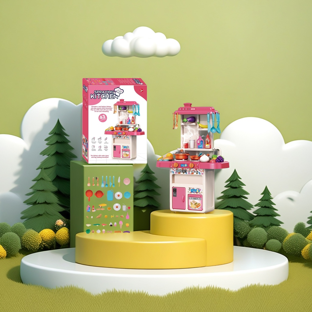 The pink children's toy kitchen set includes 43 accessories, featuring a faucet, water spray, lighting, sound effects, and simulated cooking smoke Specification image