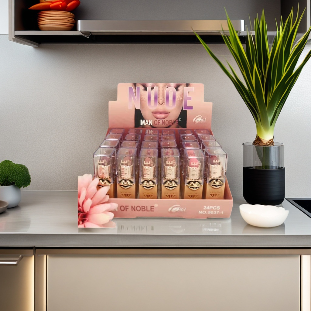 IMAN OF NOBLE NUDE系列粉色展示盒装口红24支装金色唇形装饰透明外壳图
