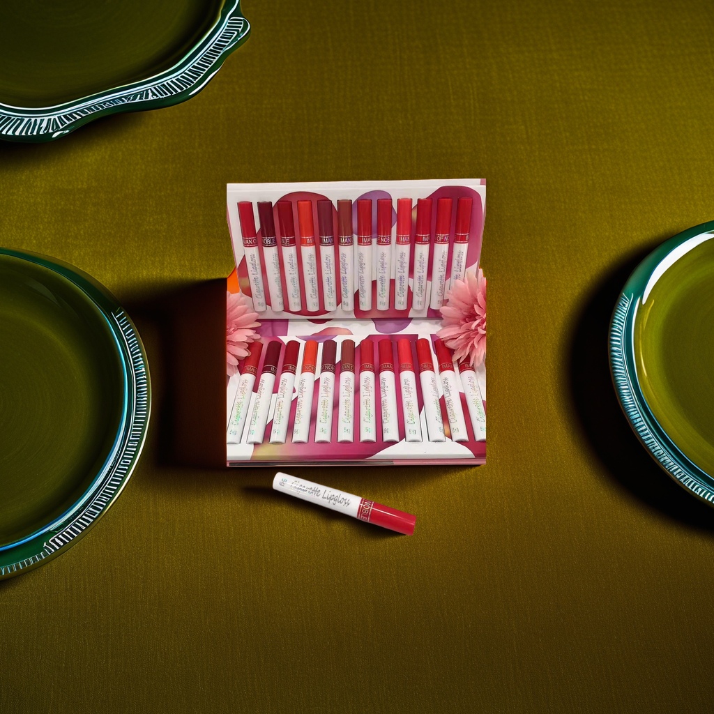 粉色花卉装饰唇釉套装 Cigarette Lipgloss白色管身红色盖子礼盒装