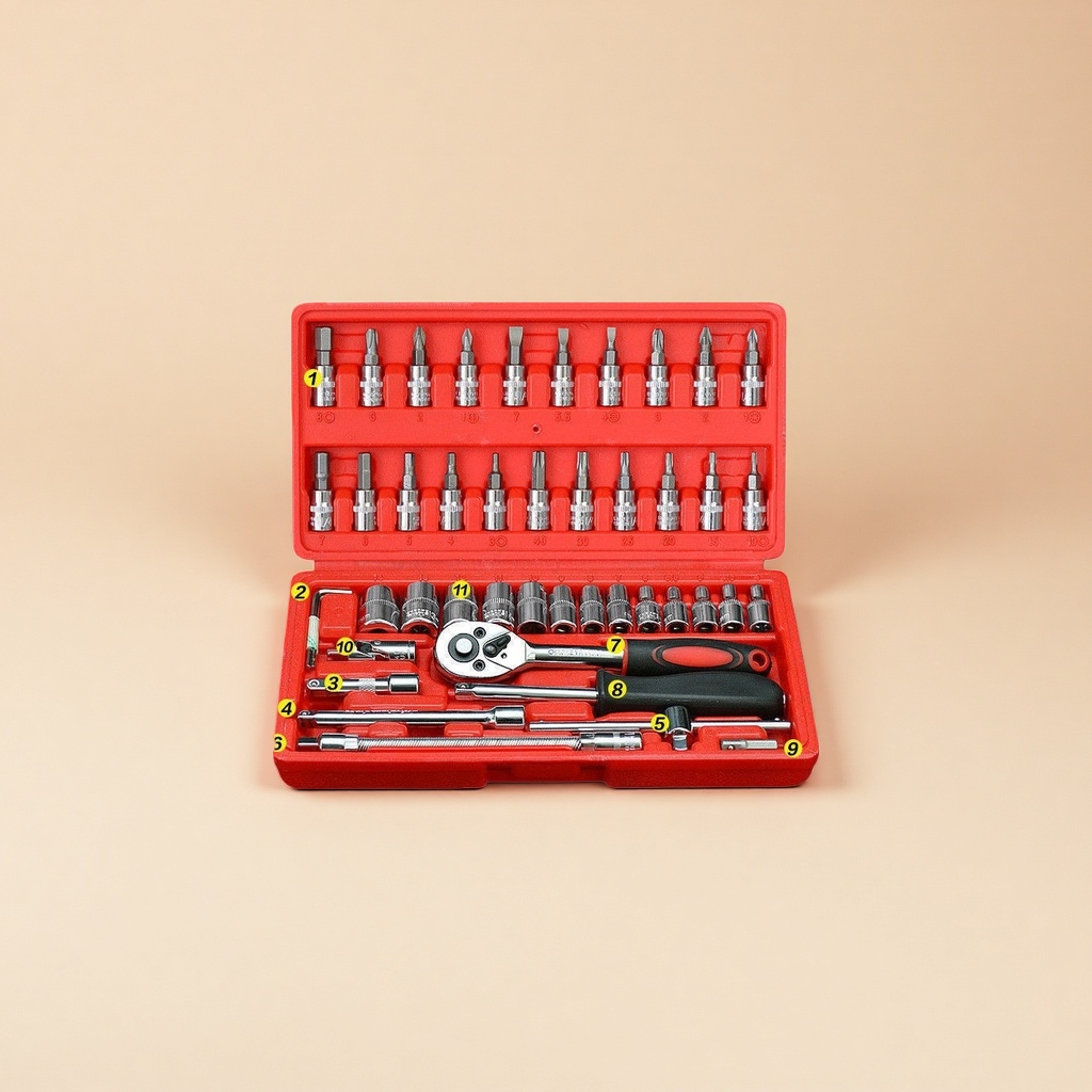 红色46件套工具箱含套筒批头扳手多功能家用维修工具