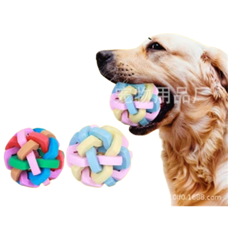 Pet seven-color bell balls, TPR woven toys, dog elastic balls, large, medium and small rainbow rubber chewable teething balls Item Picture