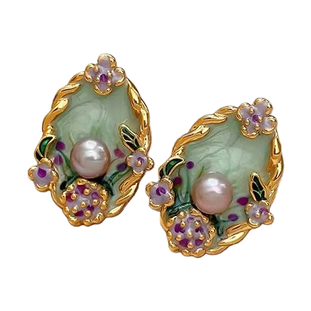 Green enamel floral pearl stud earrings are fashionable and light luxury earrings for women Item Picture