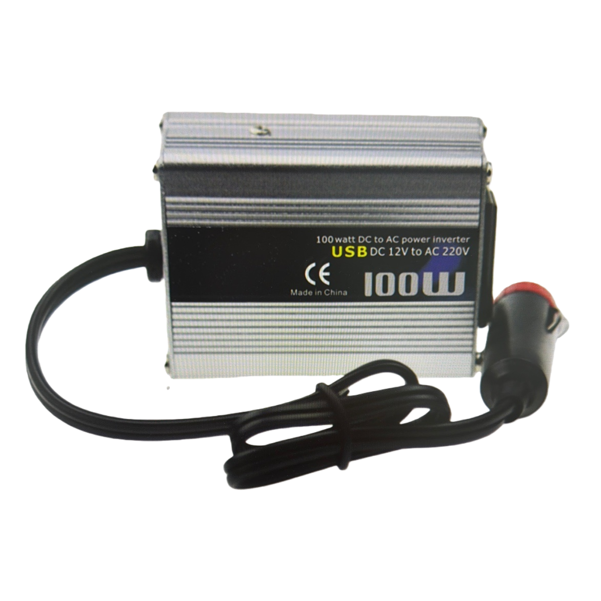 A 100W vehicle-mounted inverter with a silver and black striped shell and a DC-AC power converter Item Picture