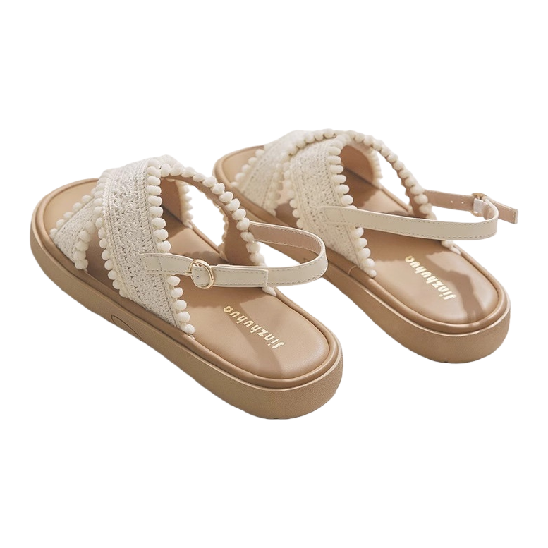 米白色珍珠装饰编织凉鞋 女士夏季透气休闲 sandals