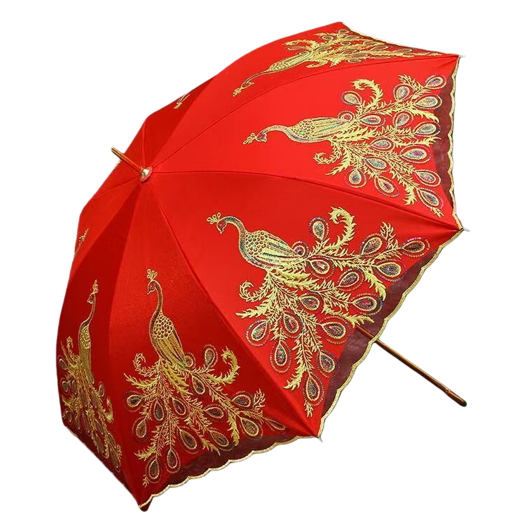 Red peacock embroidered umbrella, hand-embroidered UV protection, sun protection and sunshade umbrella Item Picture