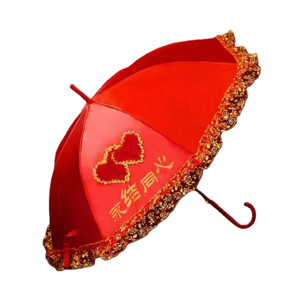 The red lace-trimmed double-heart umbrella is embroidered with gold characters on the surface Item Picture