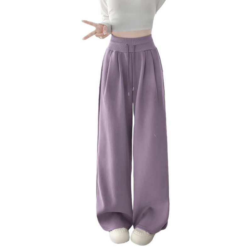Purple long wide-leg pants, white top and white shoes model outfit Item Picture