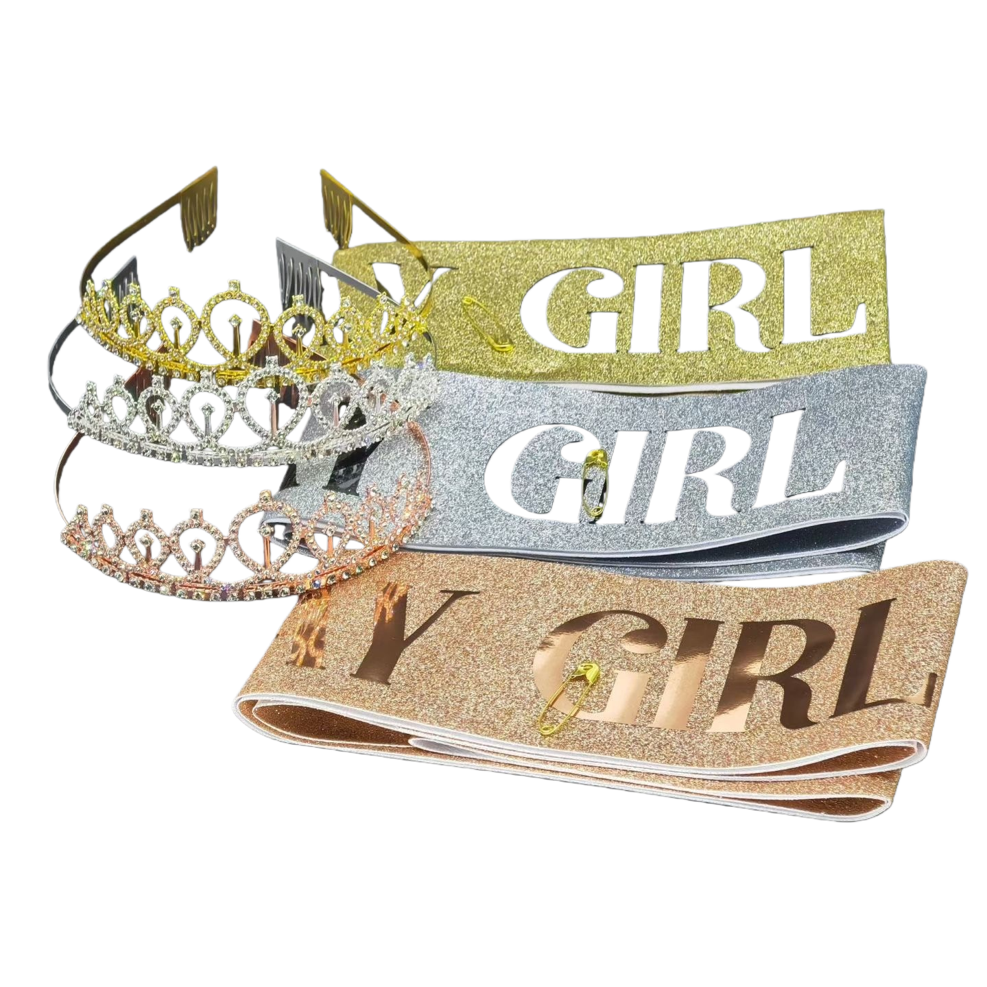 金色、银色、玫瑰金皇冠+亮片“GIRL”绶带白底实物图