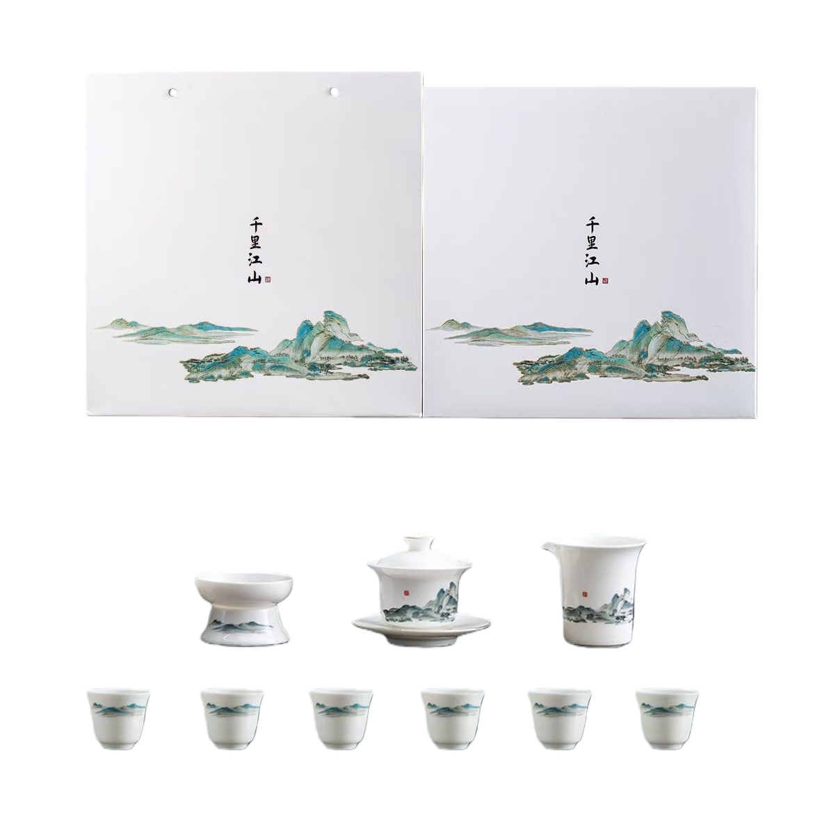 A set of four cups of green and blue landscape ceramic tea sets for home living room tea art Item Picture