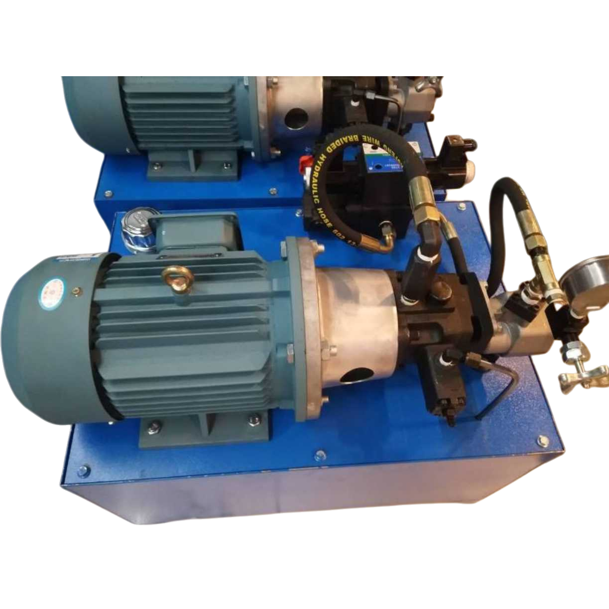 The blue base hydraulic pump unit is equipped with a green motor, a metal pump body and black hydraulic pipelines Item Picture