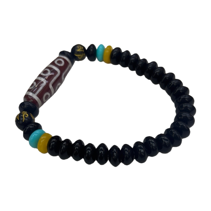 The black beaded bracelet features Tibetan lapis lazuli amber beads in the center Item Picture