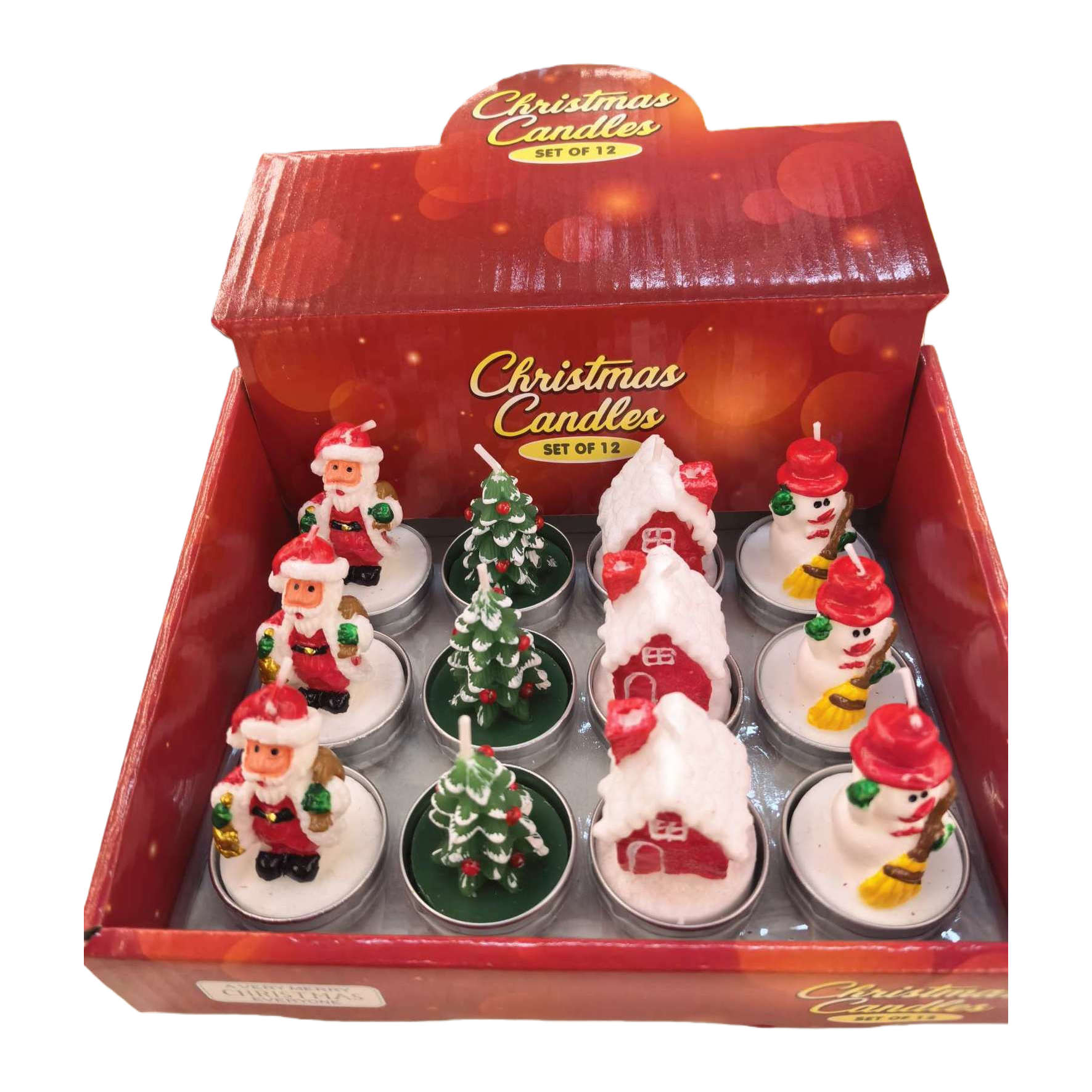 Red Christmas candle gift box: 12 shaped candles, including Santa Claus, Christmas tree, Snow House and snowman Item Picture