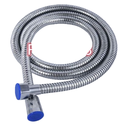 A silver metal hose with blue plastic caps at both ends Item Picture