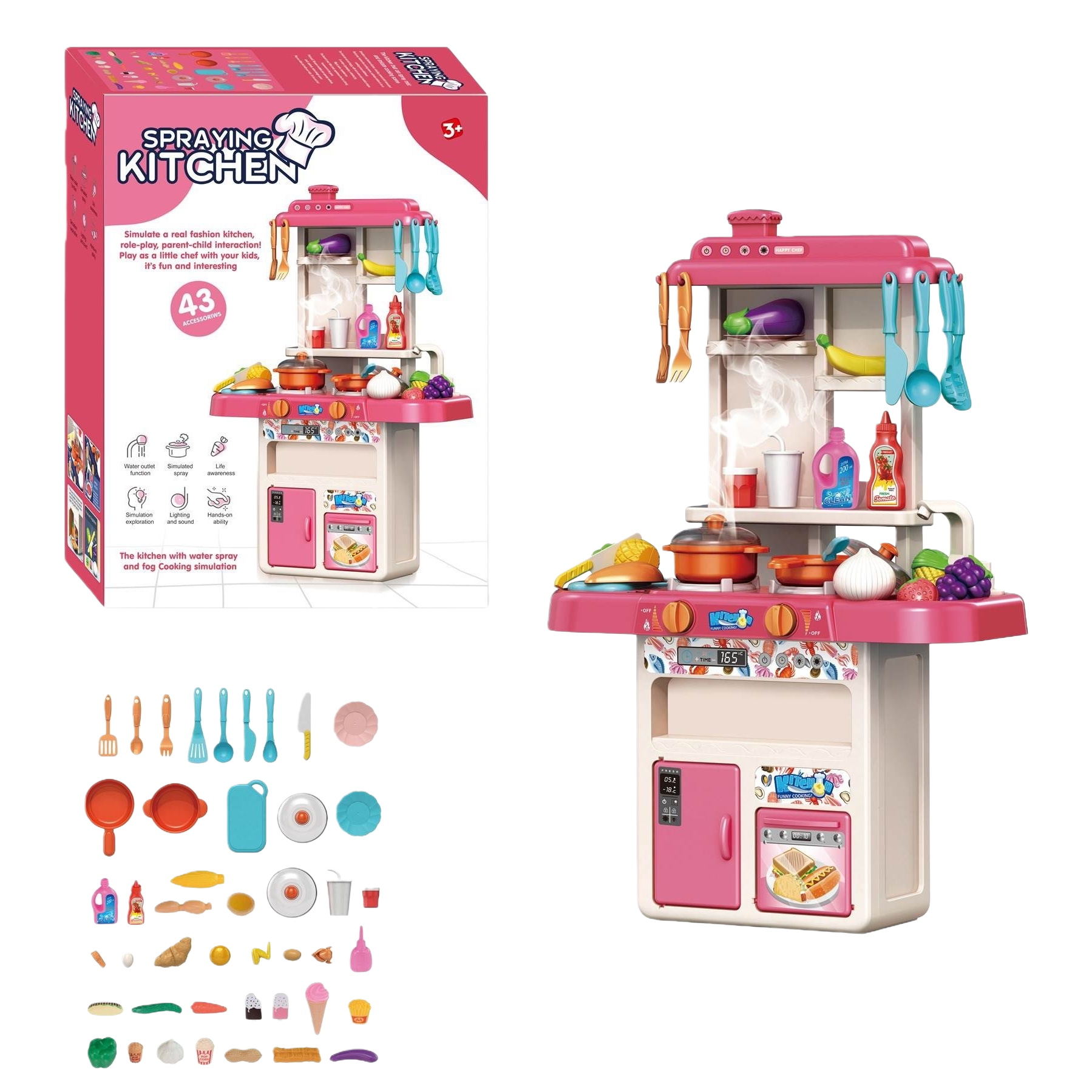 The pink children's toy kitchen set includes 43 accessories, featuring a faucet, water spray, lighting, sound effects, and simulated cooking smoke Item Picture