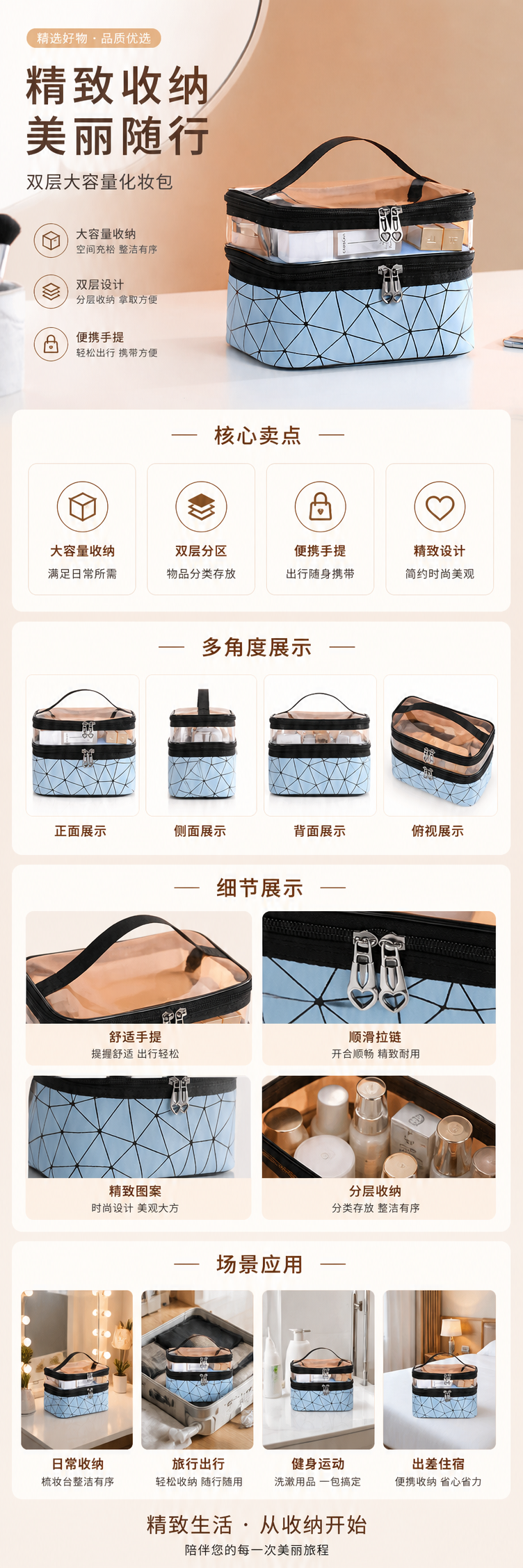 蓝色几何图案化妆包 大容量便携式洗漱收纳包详情1