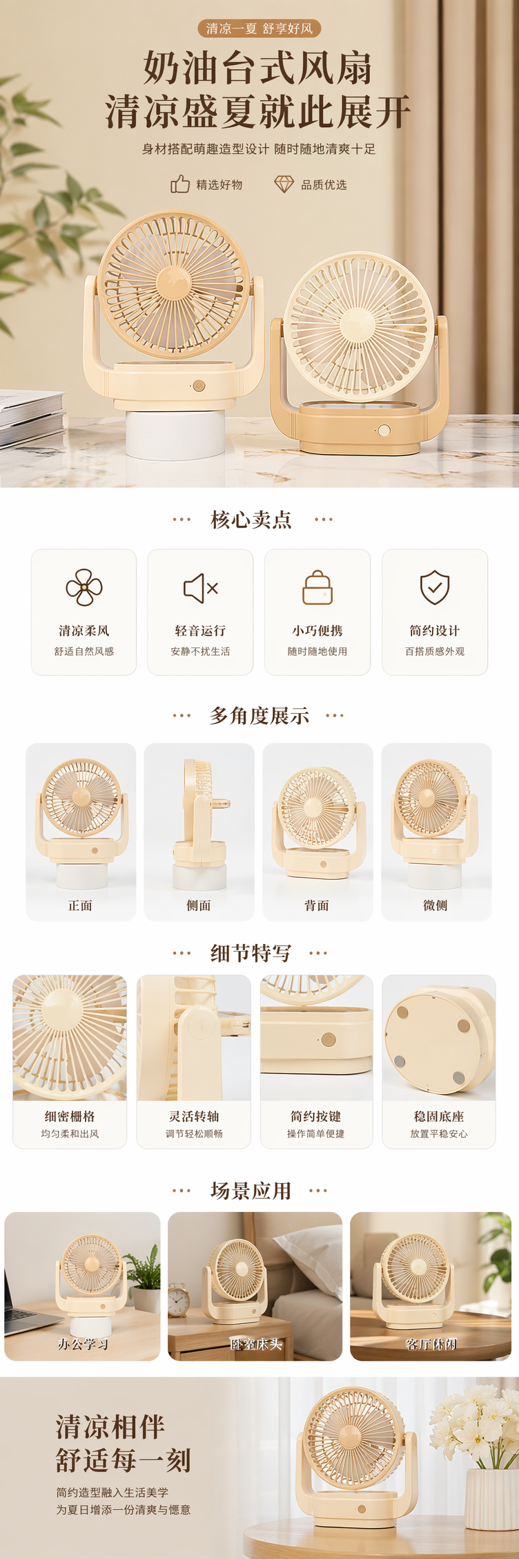 奶油色台式电风扇太阳能循环扇小风扇12小时定时静音 pic 1