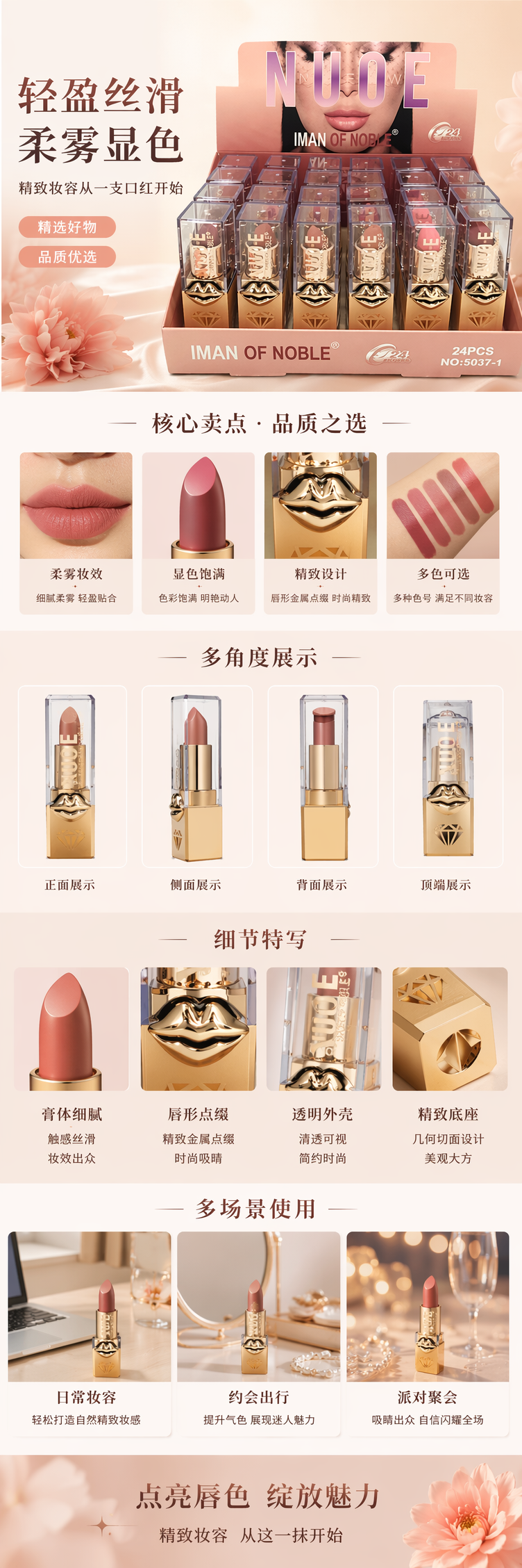 IMAN OF NOBLE NUDE系列粉色展示盒装口红24支装金色唇形装饰透明外壳详情1