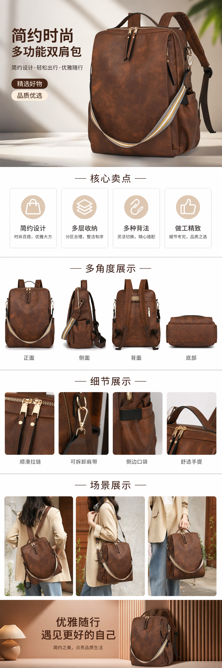 棕色复古质感双肩包时尚百搭大容量学生通勤休闲背包详情1