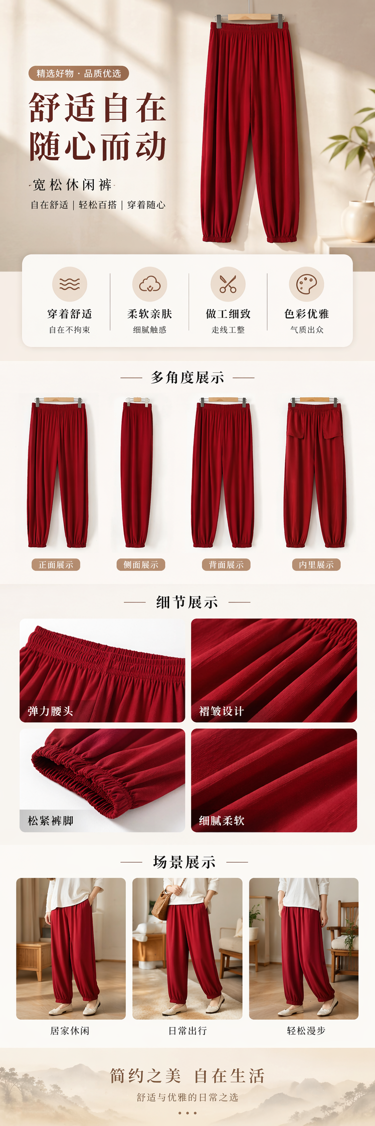 红色棉质阔腿裤女春夏薄款垂感通勤长裤 pic 1