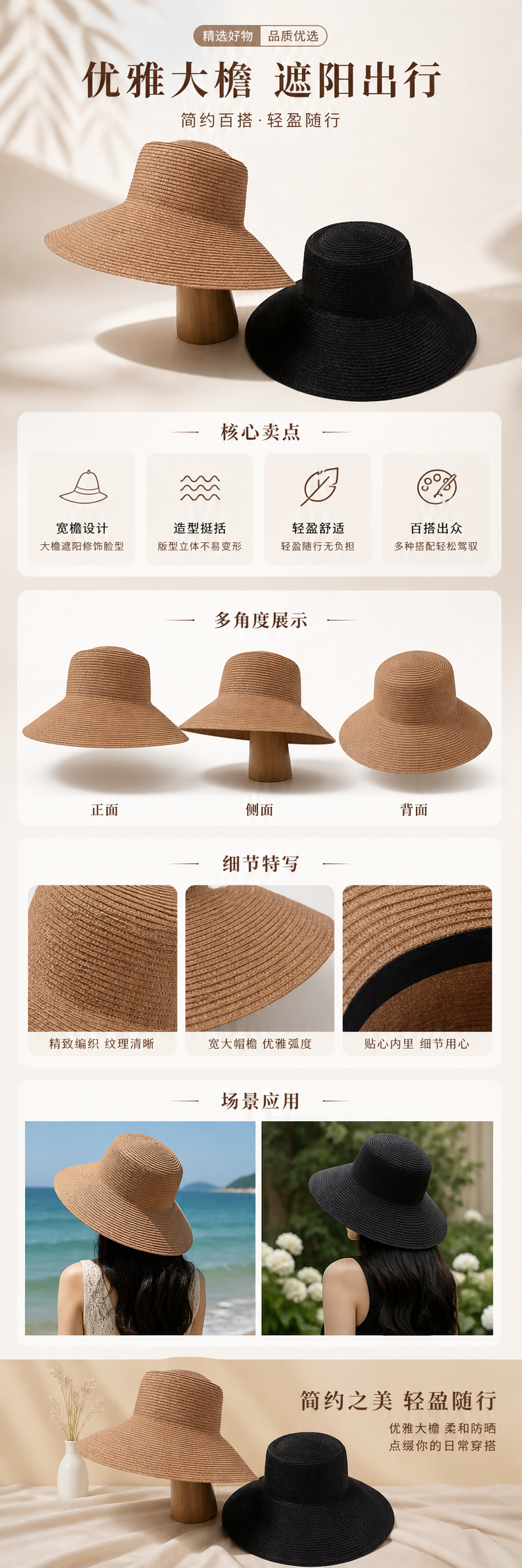 米色与黑色宽檐草帽女夏季防晒遮阳帽详情1