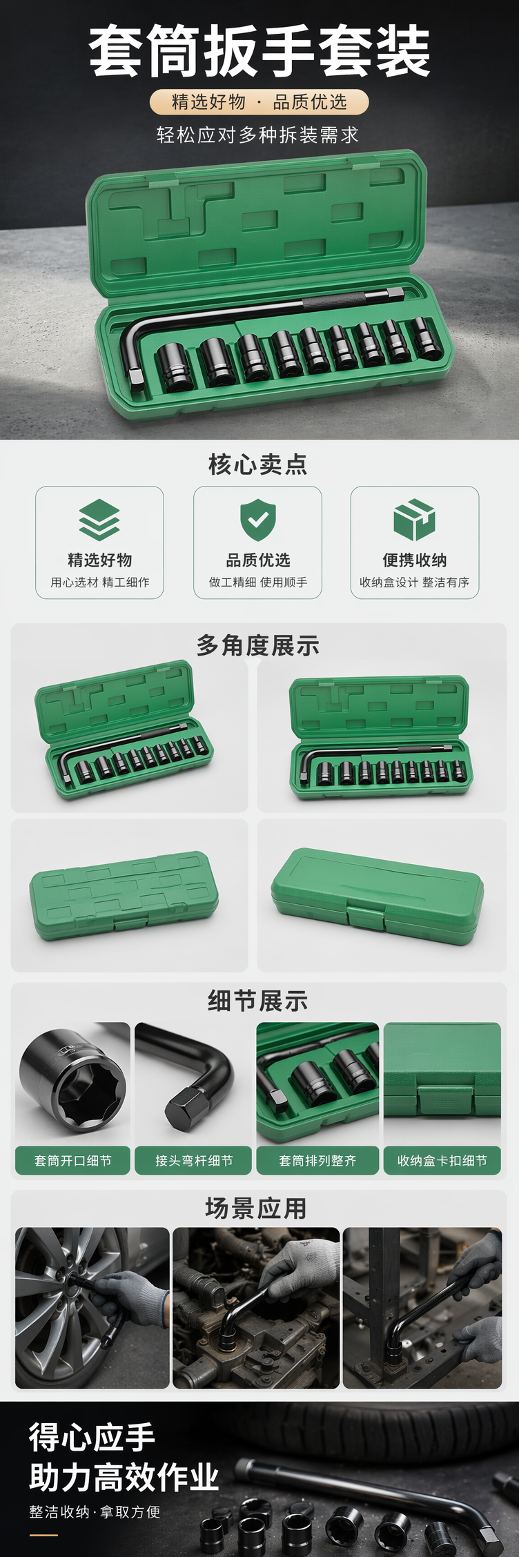 绿色工具盒套筒扳手套装 专业维修五金组合便携收纳详情1