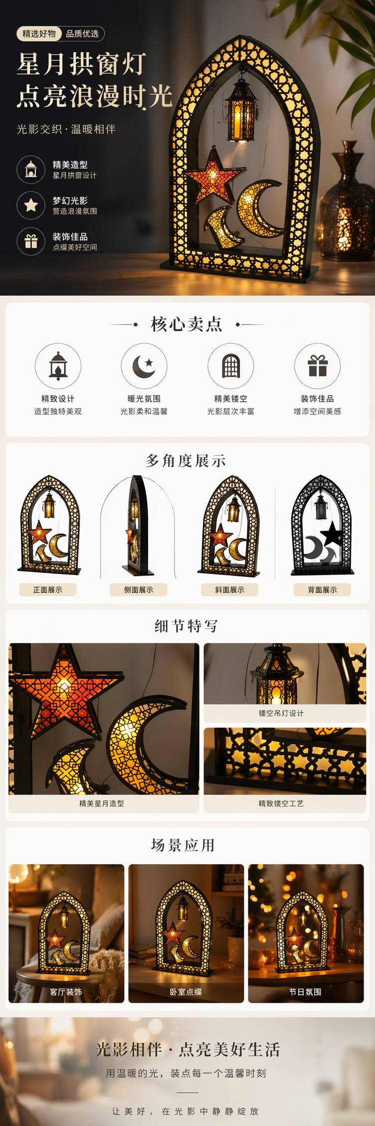 黑色几何镂空拱门装饰灯 星月图案悬挂灯笼详情1