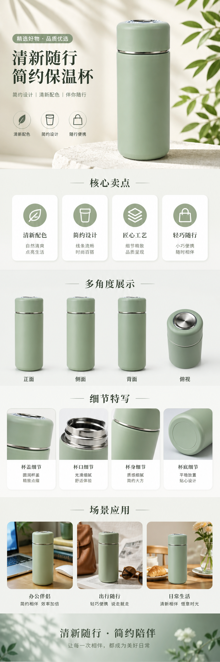 浅绿色304不锈钢保温杯 500ml 保冷保热长效续航 pic 1