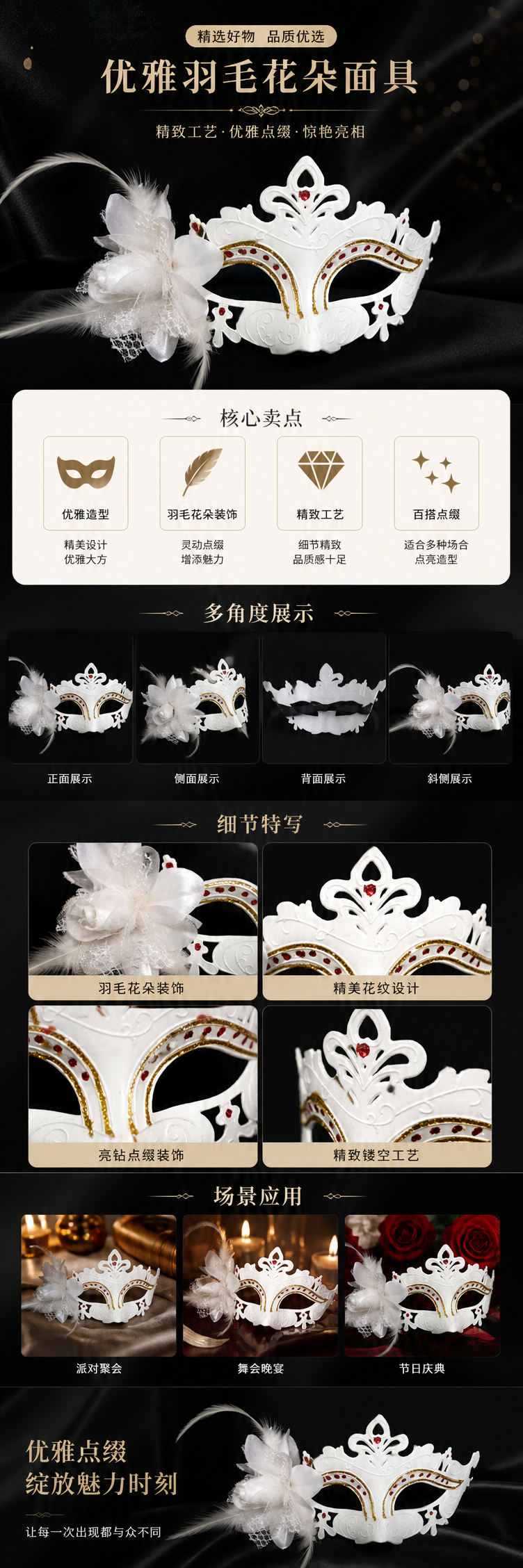 白色雕花面具配羽毛装饰 舞会派对化妆道具详情1