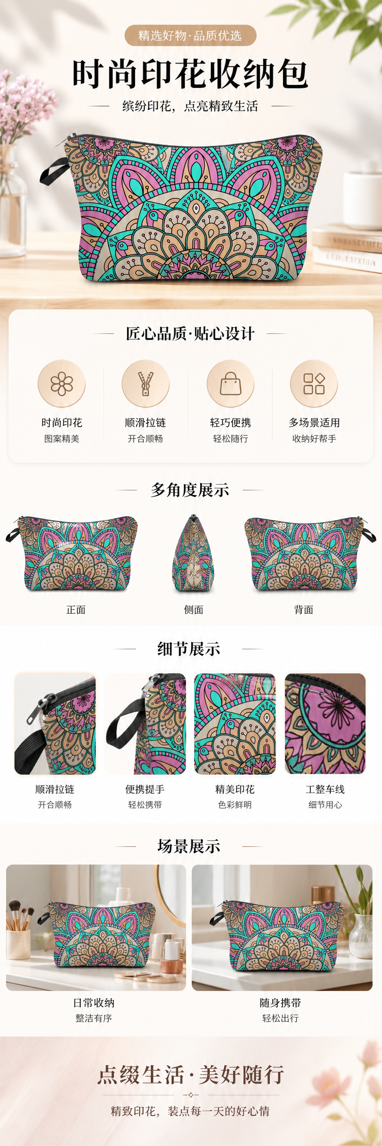 彩色曼陀罗图案化妆包 大容量便携女士洗漱收纳包详情1