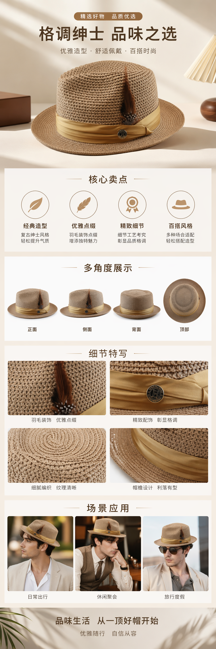 米色编织礼帽配黄色缎带羽毛装饰详情1